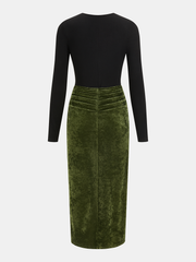 Metal Detail Color-Block Velvet Panel Dress