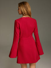 Deep V Ruched Bell-Sleeve Mini Dress