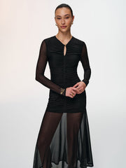 Semi-Sheer Mesh Ruched Keyhole-Neck Dress