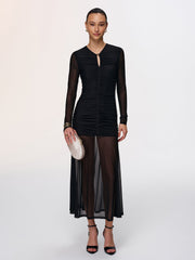Semi-Sheer Mesh Ruched Keyhole-Neck Dress
