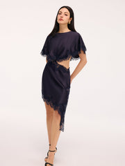 Lace Trim Satin Cut-Out Capelet Mini Dress
