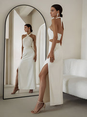 Crisscross Cutout Halter Split Knit Long Dress