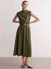 Sleeveless Mock Neck Belted Maxi Dress