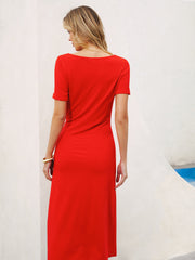 Short Sleeve Knot-Waist Midi Dress