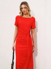 Short Sleeve Knot-Waist Midi Dress