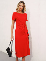 Short Sleeve Knot-Waist Midi Dress