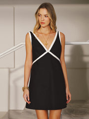 Oversize Contrast Trim Linen-Blend Mini Dress