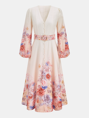 Floral Printed Long Sleeve Belted Maxi Dress