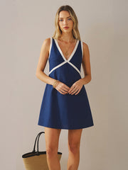 Oversize Contrast Trim Linen-Blend Mini Dress