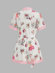 Cotton Linen Tropical Print Belted Romper