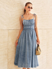 Denim Tie-Strap Tiered Midi Dress