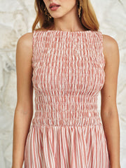 Smocked Striped Linen Blend Sleeveless Mini Dress