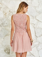 Smocked Striped Linen Blend Sleeveless Mini Dress