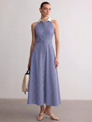 Collared Striped Sleeveless Buttoned Maxi Dress