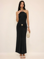 Halter Ruched Embellished Maxi Dress