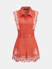Embroidered Trim Belted Sleeveless Romper
