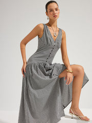 Gingham Cotton Sleeveless V-Neck Maxi Dress