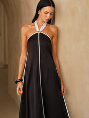 Satin Contrast Trim Halter Midi Dress