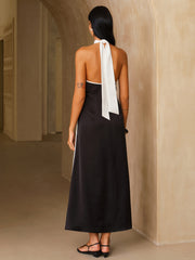 Satin Contrast Trim Halter Midi Dress