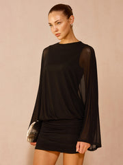 Mesh Long Sleeve Ruched Mini Dress