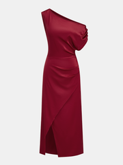 Satin One Shoulder Ruched Wrap Maxi Dress