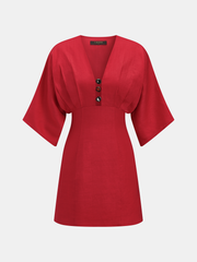 Linen Blend V Neck Embellished Mini Dress