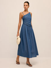 Faux Denim Asymmetrical Cami Maxi Dress
