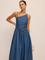 Faux Denim Asymmetrical Cami Maxi Dress