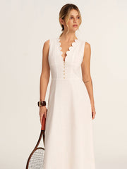 Scalloped Neckline Cotton Linen Midi Dress