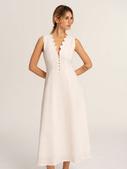 Scalloped Neckline Cotton Linen Midi Dress
