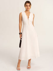 Scalloped Neckline Cotton Linen Midi Dress