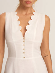 Scalloped Neckline Cotton Linen Midi Dress