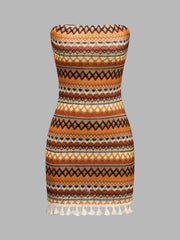 Strapless Geometric Tassel Bodycon Mini Dress