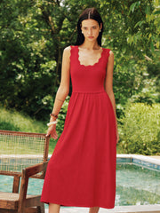 Scallop Trim Sleeveless Knit Flowy Midi Dress