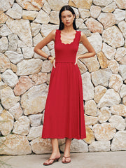 Scallop Trim Sleeveless Knit Flowy Midi Dress