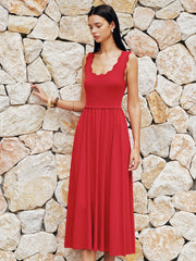 Scallop Trim Sleeveless Knit Flowy Midi Dress