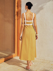 Contrast Trim Cotton Linen Midi Dress