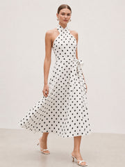 Polka Dot Halter Belted Cotton Midi Dress