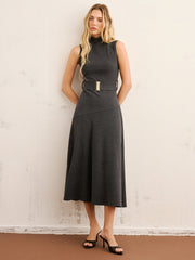 High Neck Sleeveless Belted Maxi Dress