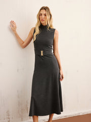 High Neck Sleeveless Belted Maxi Dress