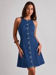 Button Front Sleeveless Denim Mini Dress