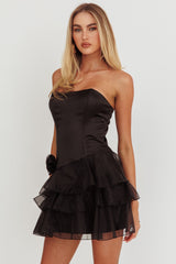 Bless Strapless Organza Ruffle Mini Dress Black