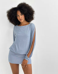 Carola Cut Out Arms Mini Dress in Shimmer Blue