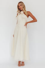 Cordially Invited Ruffle Neckline Rosette Maxi Vanilla