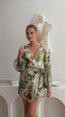 Jemma Long Sleeve Mini Dress - Green Abstract
