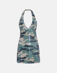 Hepasi Halter Mini Dress in Camo Sequin Khaki Green