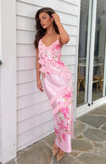 Inara Pink Floral Print Ruffle Prom Dress