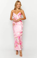 Inara Pink Floral Print Ruffle Prom Dress