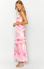 Inara Pink Floral Print Ruffle Prom Dress