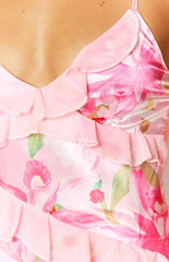 Inara Pink Floral Print Ruffle Prom Dress
